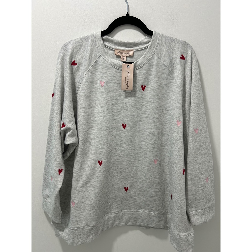 Philosophy Woman Gray Heart Embroidered Sweatshirt 2X NWT Valentine Pullover